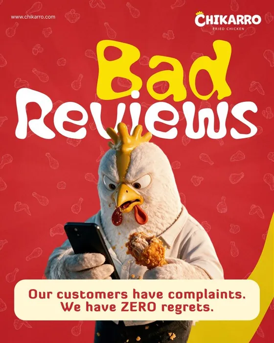 Chikarro AI poster: the chicken mascot reading reviews on a phone