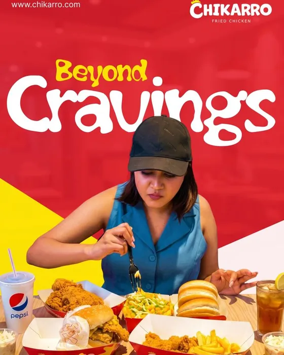 Chikarro social post: a woman eating a burger meal