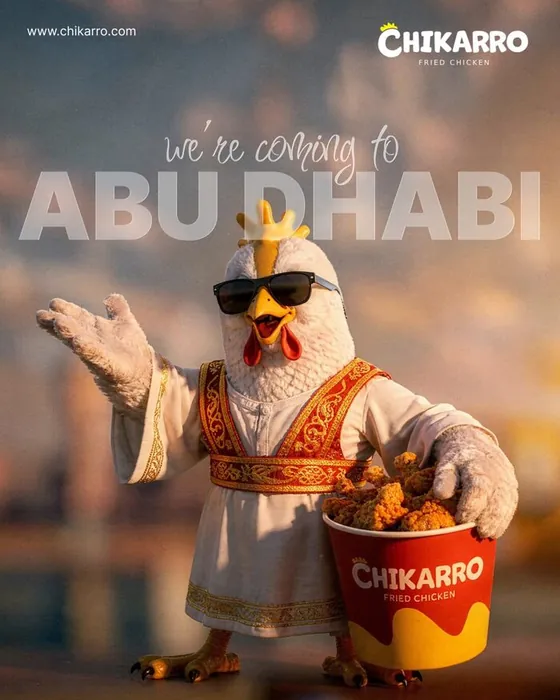 Chikarro AI poster: the mascot in a kandura announcing the Abu Dhabi branch