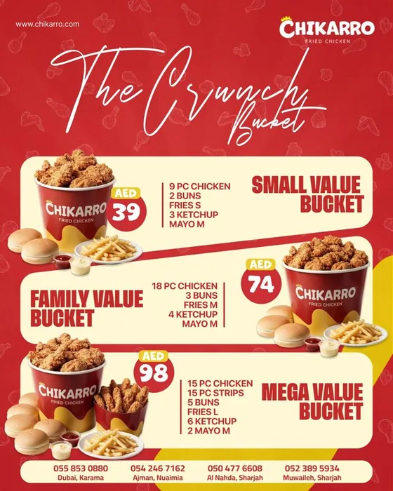 Chikarro menu poster with three bucket deals and prices