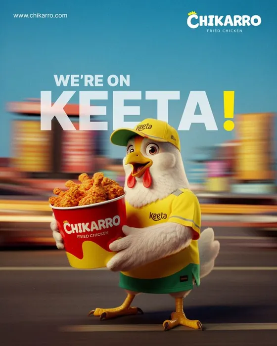 Chikarro AI poster: the mascot as a delivery rider for Keeta