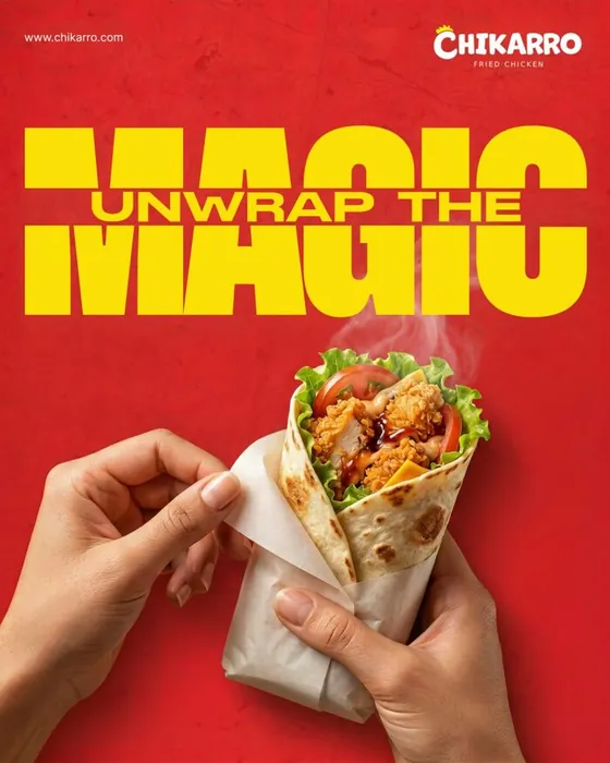 Chikarro social post: hands holding a chicken wrap under the words Unwrap the Magic