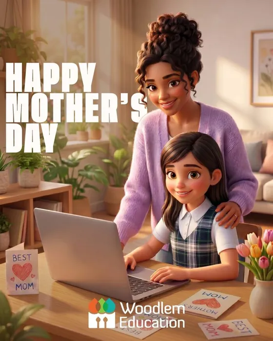 Woodlem Education AI poster for Mother's Day: a mother and daughter at a laptop